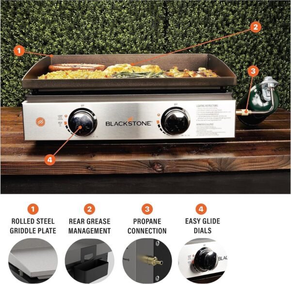 Blackstone 22″ Portable Tabletop Griddle – Dual Burner Flat Top Grill, 24,000 BTU Propane with Stainless Steel Faceplate & Rear Grease System - Image 9